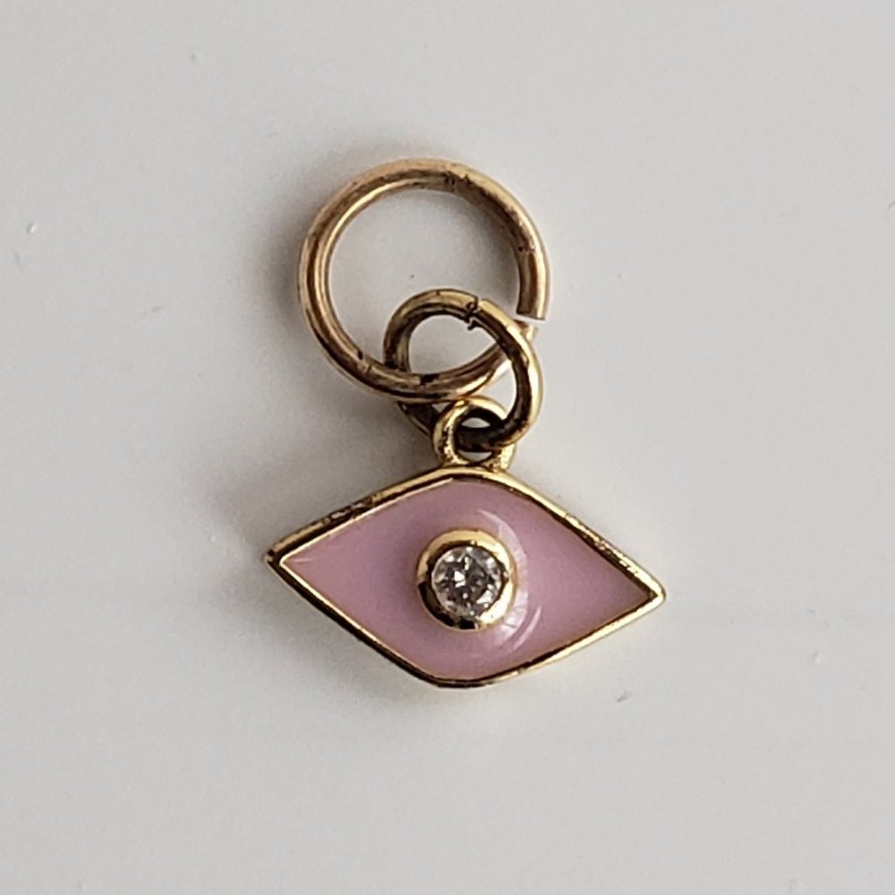 Dainty Gold Tone Pink Enamel Evil Eye Charm, CZ Micro Pave Eye Charm Pendant